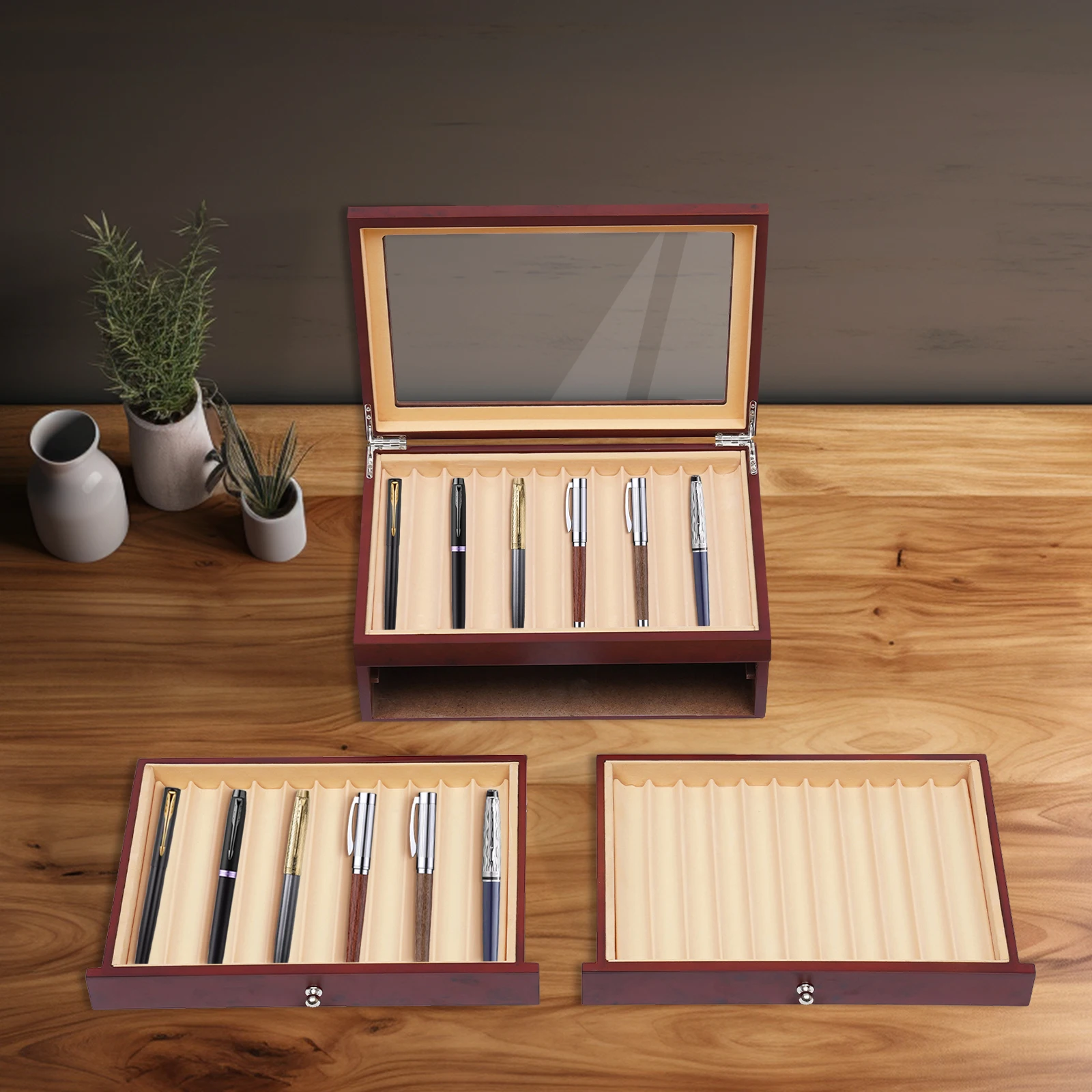 صندوق عرض أقلام خشبي أحمر مكون من 3 طبقات مكون من 34 فتحة، وبطانة مخملية من خشب الورد - غطاء زجاجي شفاف، طراز قديم لهواة الجمع
