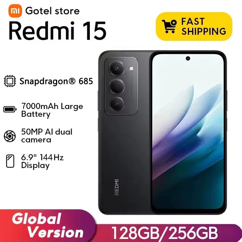 【العلامة التجارية+】Redmi 15 الإصدار العالمي للهاتف الذكي بطارية 6.9 بوصة 50 ميجابكسل 7000 مللي أمبير في الساعة 33 وات شحن سريع IP64 Snapdragon ®   685 منصة متنقلة