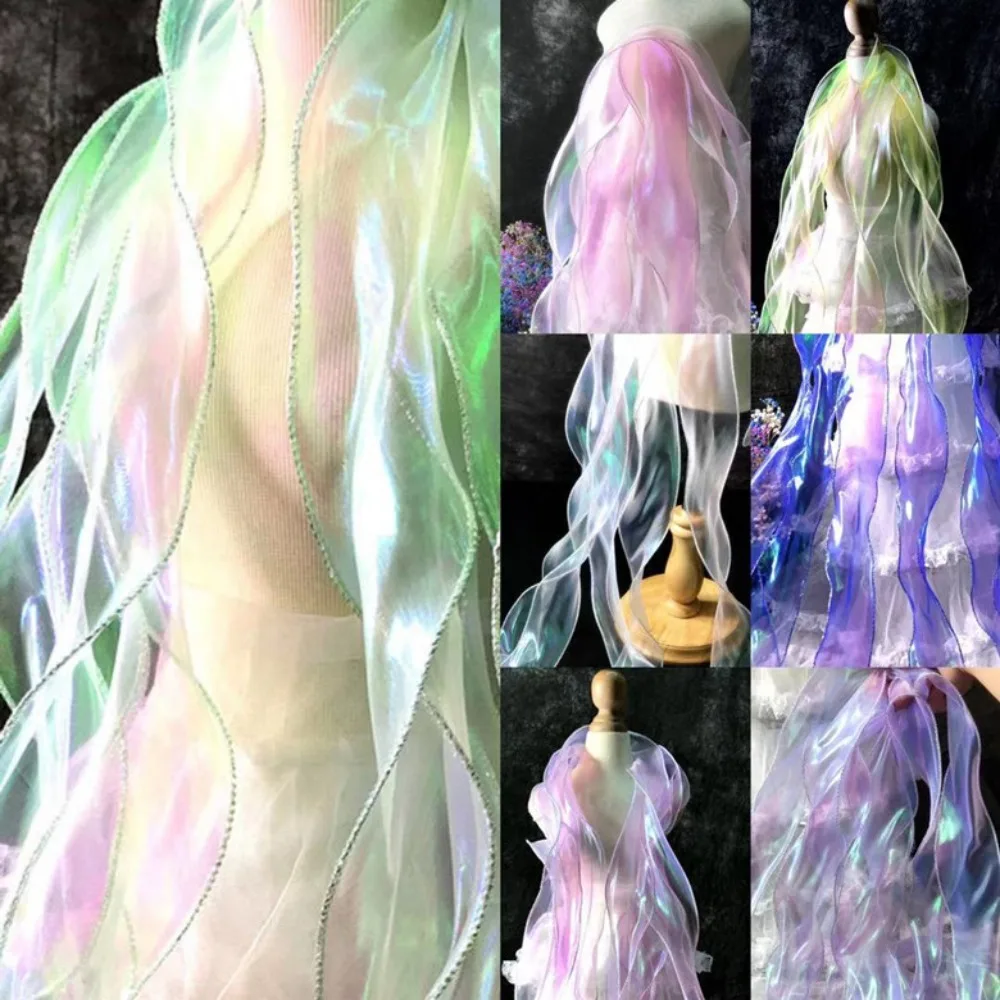 

1M Mermaid Silver Silk Water Wave Ruffles Illusion Waves Laser Gradient Lace Handmade Transparent Fabric Designer Accessories