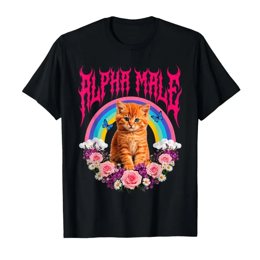 Cute Alpha Male Funny Cat Kitten Rainbow Floral T-shirt For Men Women 100% Cotton T Shirts Short Sleeve Tops 0427-1