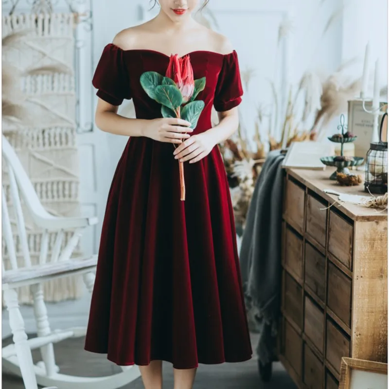 Vintage wine red velvet toasted short conference dress