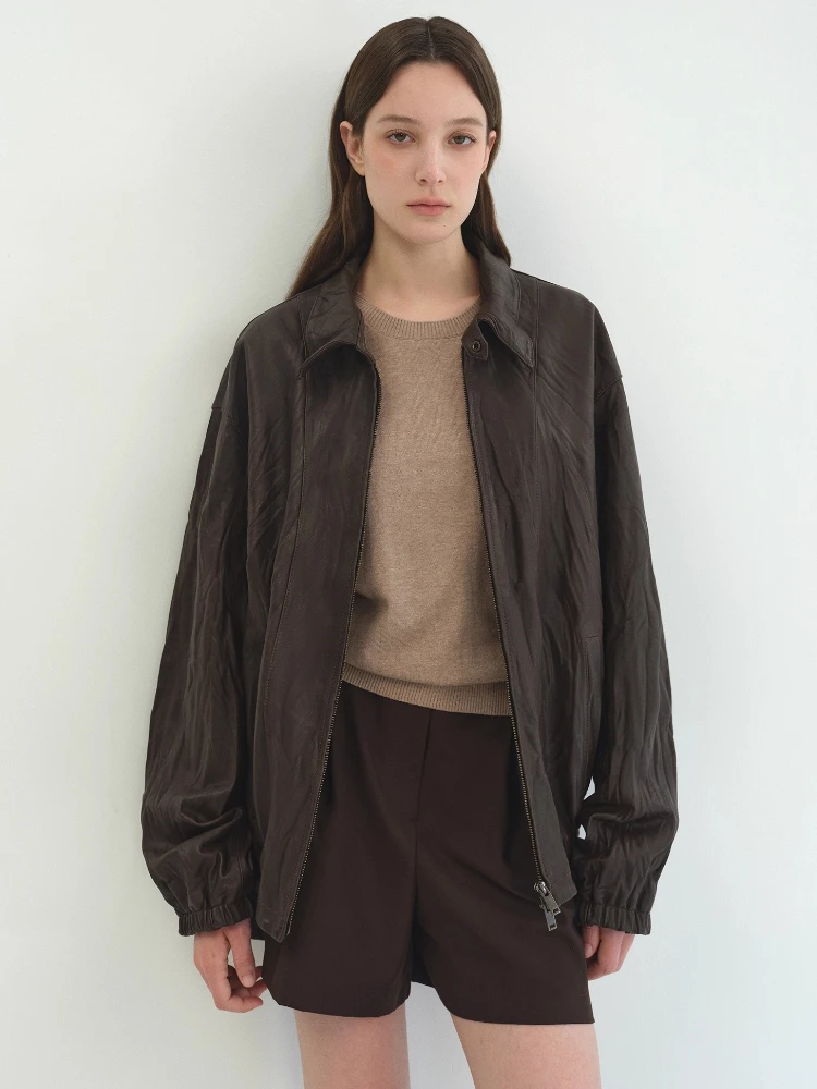 Vintage Echtes Leder Jacken für Frauen Frühling Herbst High-end Einfache Falten Textur Design Lose Beiläufige Echte Schaffell Mantel