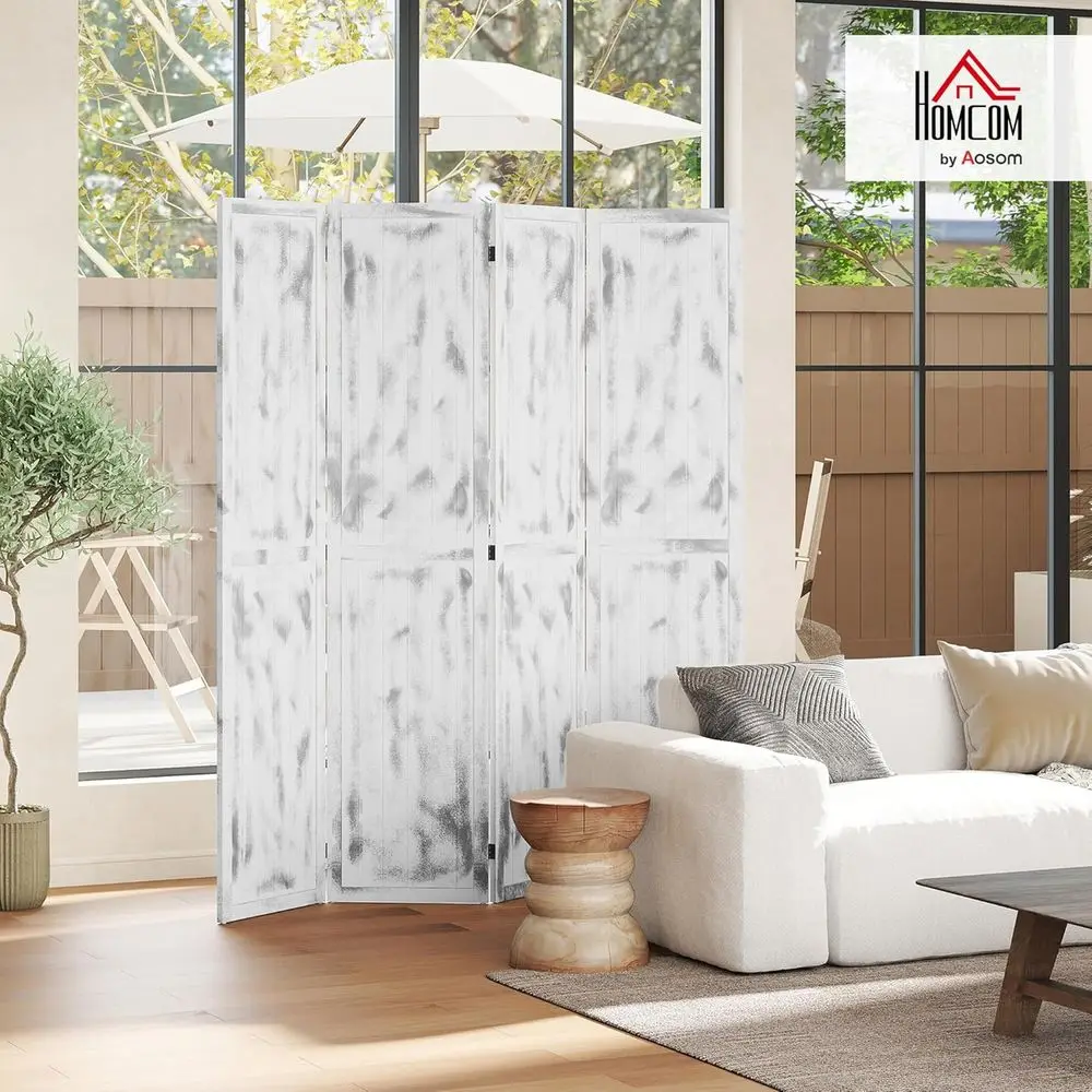 5.5' Tall 4-Panel Room Divider and Folding Privacy Screen, Woodgrain Freestanding Privacy Divider, Partition Wall, Rustic White
