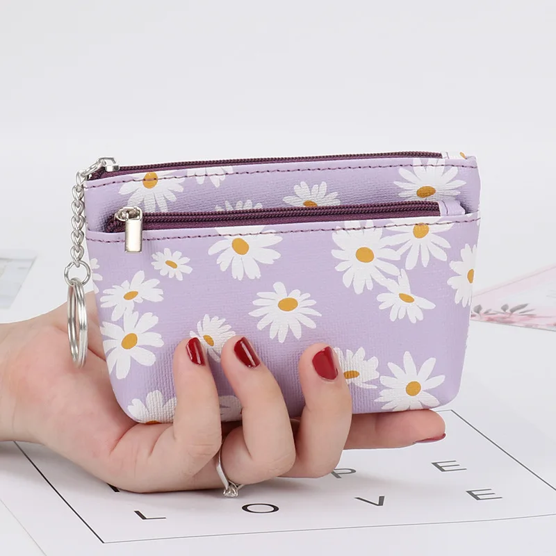 Daisy Print Pu Lederen Munt Portemonnee Met Sleutelhanger Vrouwen Portemonnee Portemonnee Rits Portemonnee Voor Munten Mini Card holder Coin Pouch