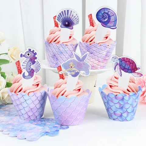 

Cake Mermaid Shell Rim Turtle Seaweed Starfish Cupcake Topper Wrapper Decoration Wedding Birthday Baby Shower Ocean Party Supply