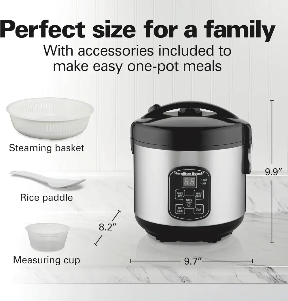 Digital Programmable Rice Cooker & Food Steamer, 8 Cups Cooked (4 Uncooked), with Steam & Rinse Basket, Stainless Steel