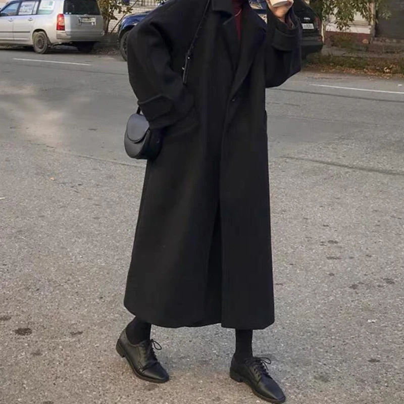 Giacca in tweed invernale da donna sopra il ginocchio di media lunghezza versione coreana del cappotto di lana nero addensato foresta allentata per studenti