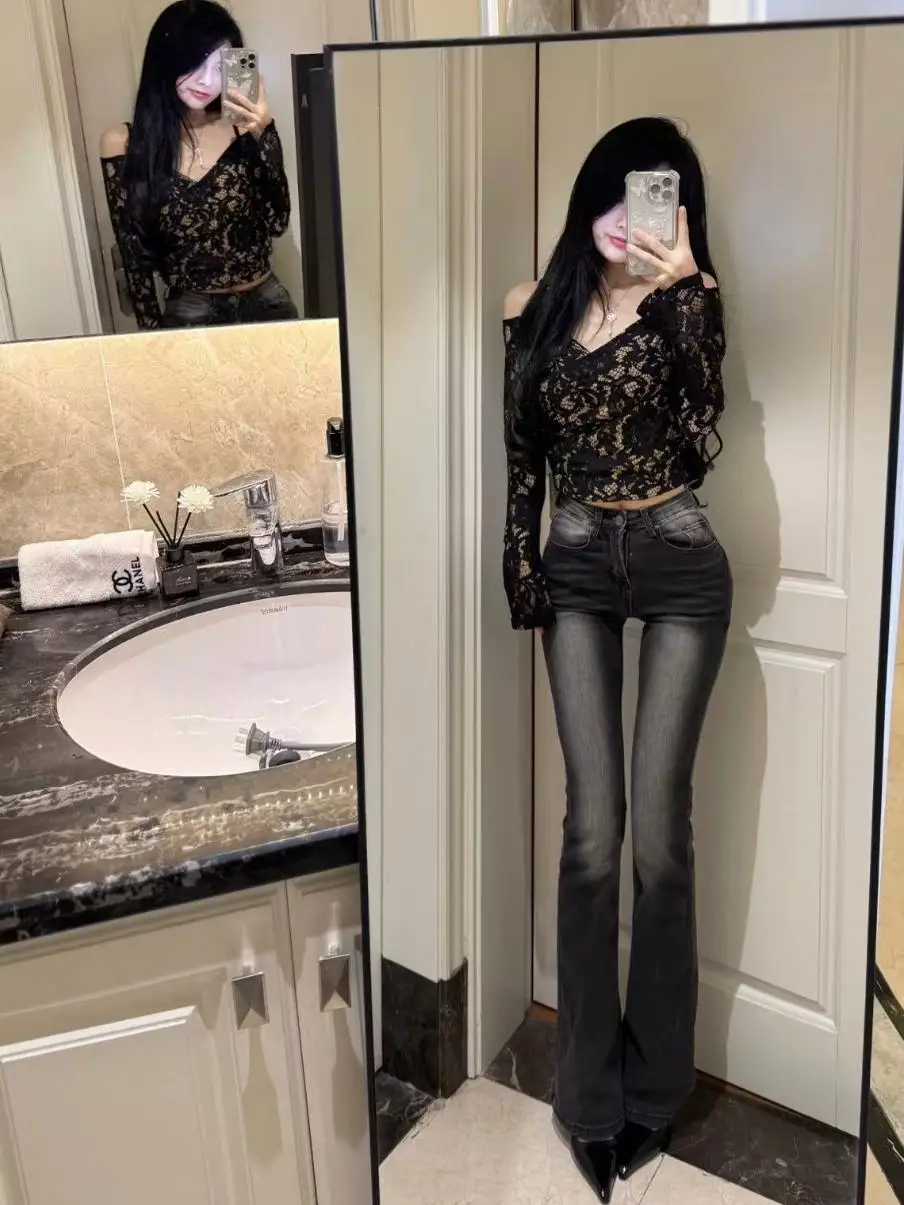 

Сексуальные джинсы-клеш с высокой талией из хлопкового стрейч-денима, хорошо держащие форму, с эффектом потертости, слегка расклешенные, длинные брюки в корейском стиле для женщин