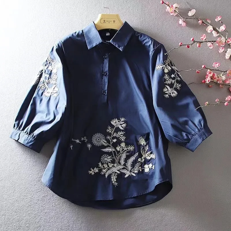 

White Embroidered Shirt Women's 2026 Summer New Lapel Design Lantern Sleeve Original Cropped Sleeve All-match Blouse Female Top