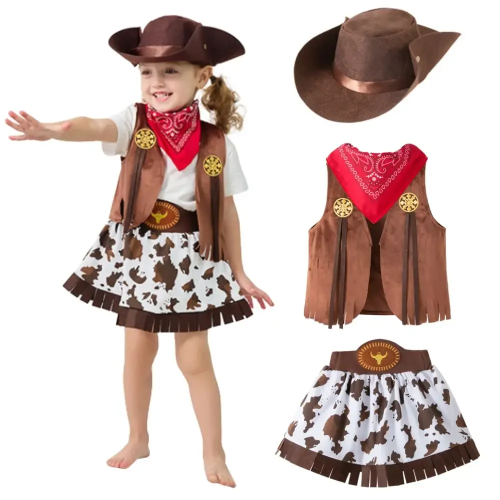 

Disfraz Cowboy Cowgirl Cosplay Costume for Baby 3-12 Years Old Vest Skirt Hat Fantasy Costumes Halloween Carnival Fancy Dress