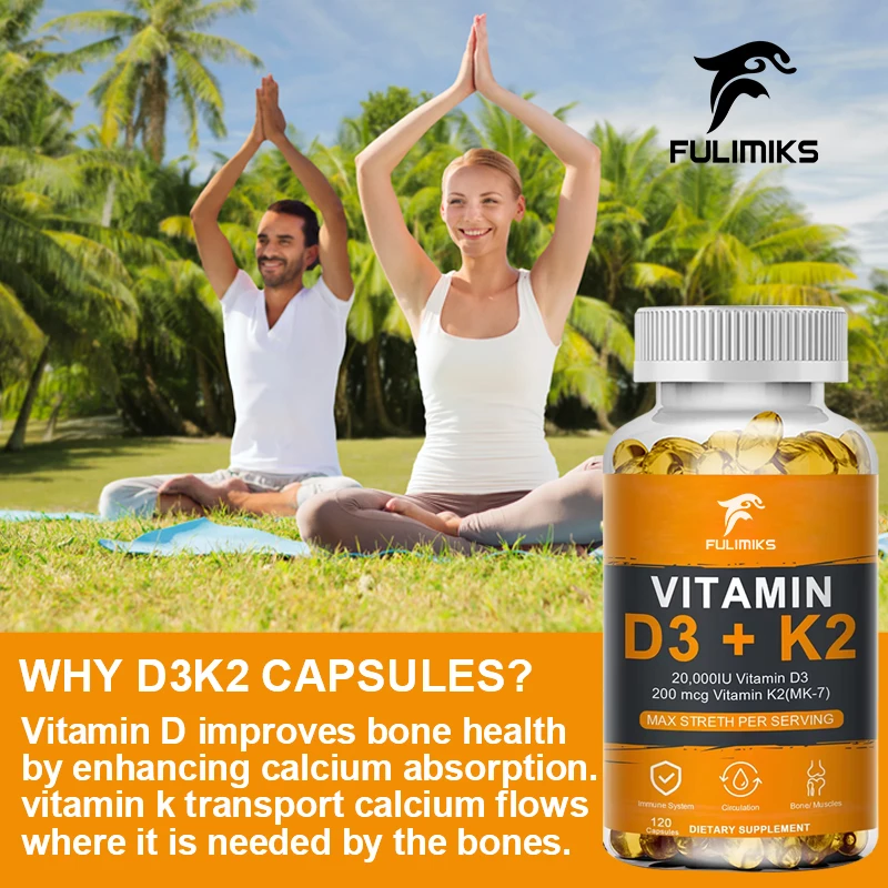 فيتامين د3 20000IU و200mcg فيتامين ك2 (MK-7) كبسولات لامتصاص الكالسيوم وتجديد العظام ودعم المناعة عالي الامتصاص #5