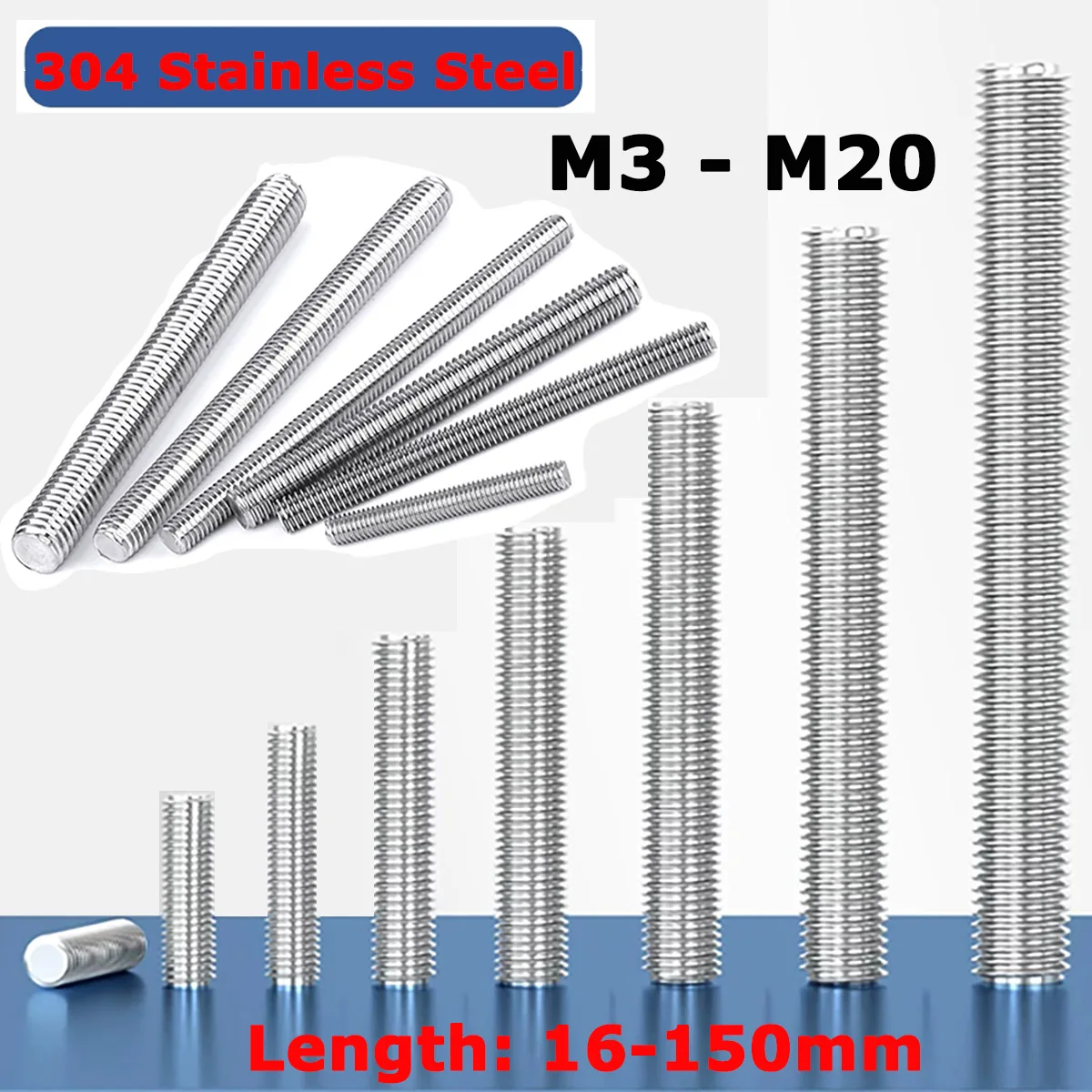 

304 Stainles Steel Full Threaded Rod Bar M3 M4 M5 M6 M8 M10 M12~M20 L=16-150mm Allthread Metric Headless Bolt Thread Stud Screws