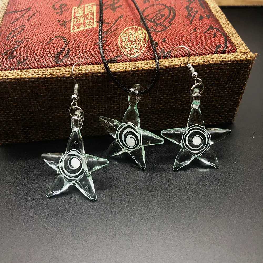 Women's Unique Starfish Blue Inner Spiral Glass Pendant Necklace And Earrings Set - Jewelry Accessory for Special Clothing