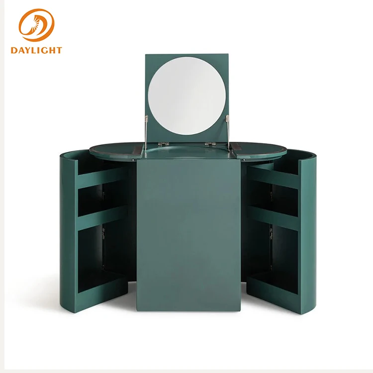Dressing Table Modern Green Vanity Set with Foldable Mirror Storage Cabinets and Stool for Bedroom Decor