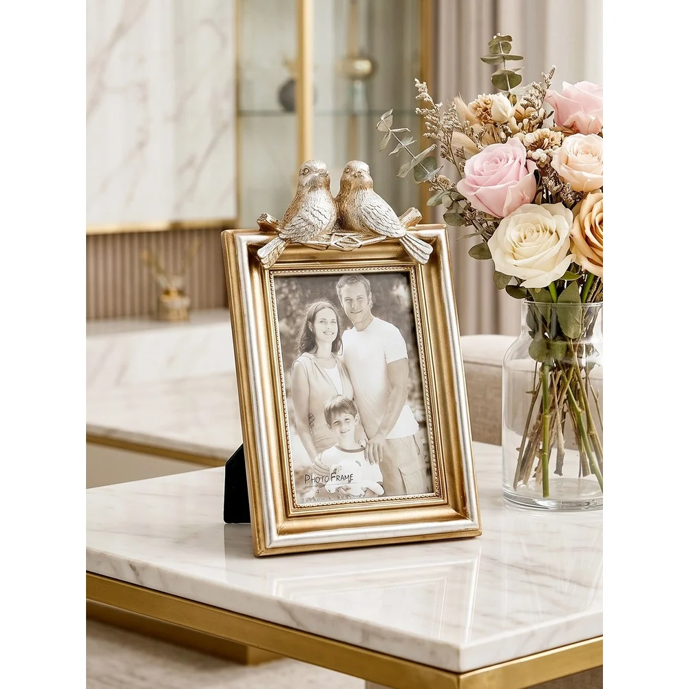 Vintage Silver Resin Frame with Gold Carved Floral Border and Two Birds Silhouette for Home Decor and Gifting Alternatives