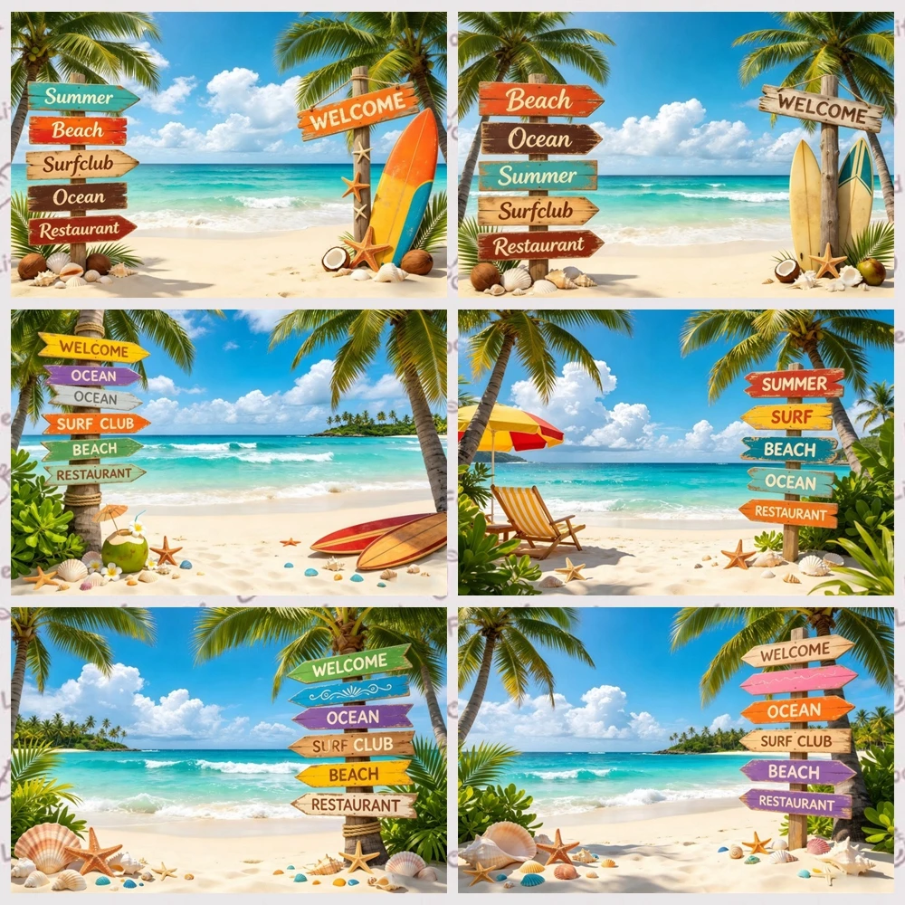 Sommer-Strand-Fotohintergrund mit Palmen und Wegweiser, für Kinder und Erwachsene, Surf-Urlaub, Party-Dekoration, Fotokulisse