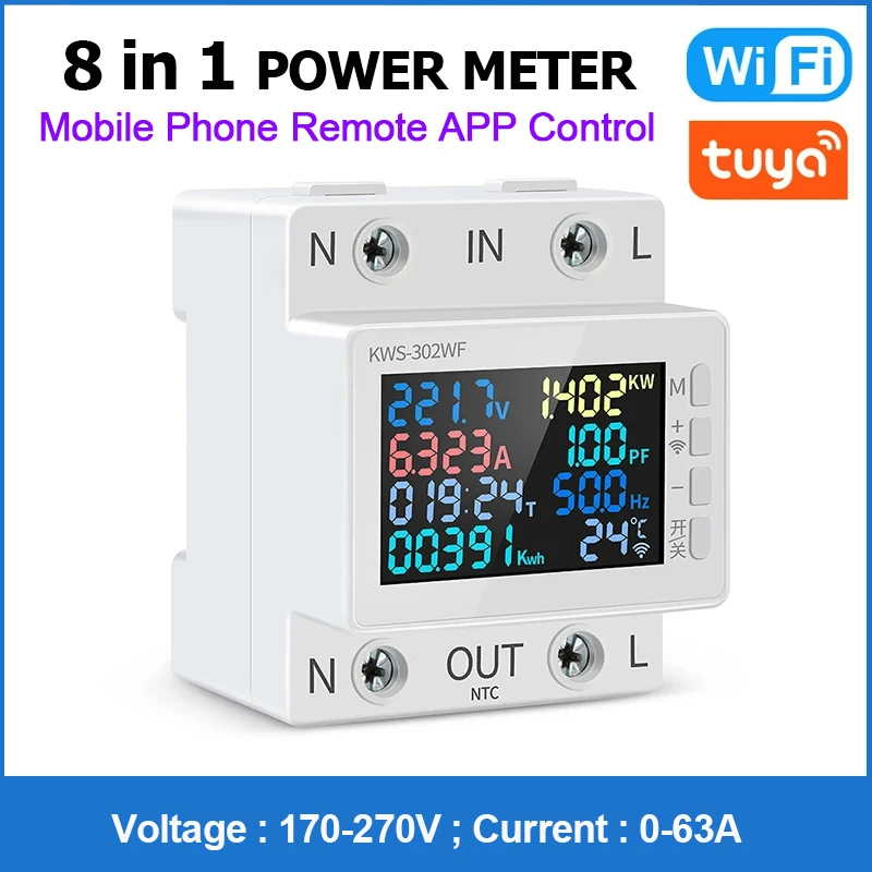 Tuya WiFi 8-in-1 2P AC Energy Meter APP Control 170-270V 63A Smart Voltage Current Power Meter for Smart Home