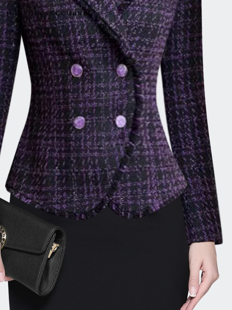 Women\' Long Sleeve Wool-like Knitted Purple Plaid Jacket Elegant Slim Short Fashion Vintage Casual Blazer Short Coat