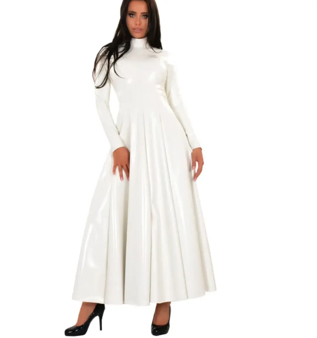 Women Faux Latex Maxi Dress Party Long Sleeve Shiny Patent Leather High Neck Dress Wet Look Floor Length Dress Clubwear Custom