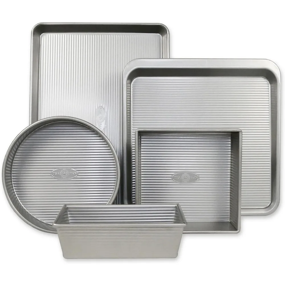 

Набор форм для выпечки из США: коллекция из 5 предметов из алюминиевой стали — лист для печенья, форма для буханки, квадратная форма, круглая форма для торта