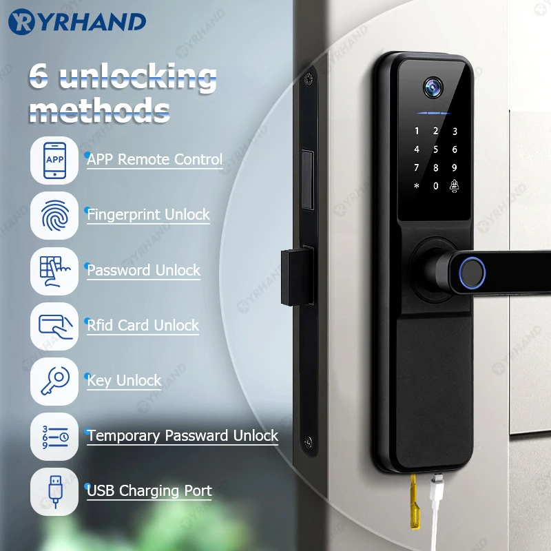 H01 Tuya Wifi Digital Electronic Smart Door Lock With Biometric Camera Fingerprint IP66 Smart Card Password Key Unlock