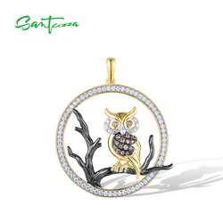 SANTUZZA Real 925 Sterling Silver Pendant For Women Sparkling White Chocolate CZ Cute Owl Animal Wedding Engagement Fine Jewelry