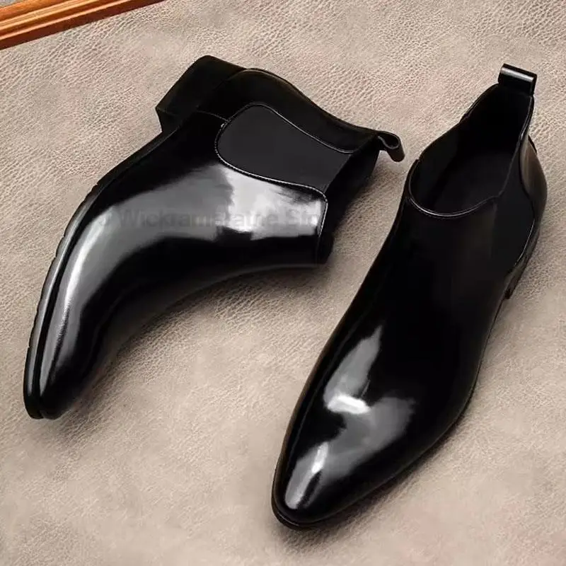 High Quality Men's Boots Genuine Leather Black Slip On Pointed Tip Brogue Male Dress Shoes Wedding Chelsea Boots Men Zipper