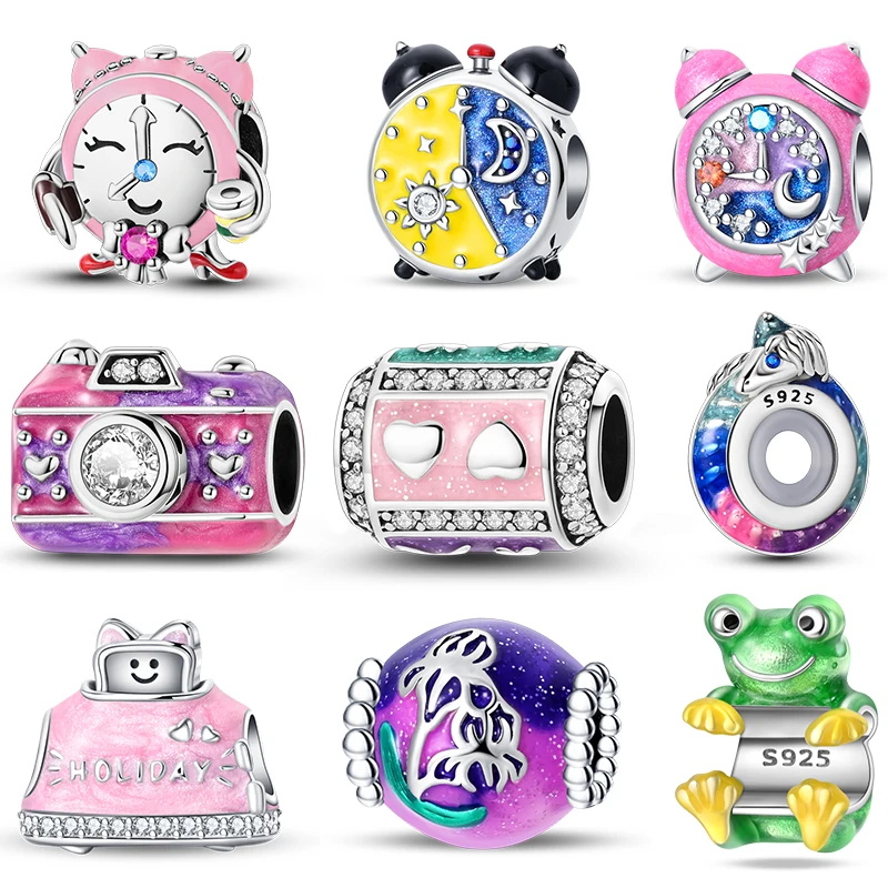 

New 925 Silver Alarm Clock Camera Frog Camera Vacation Charms Beads Fit 3mm 925 Original Bracelets DIY Jewelry Birthday Gift