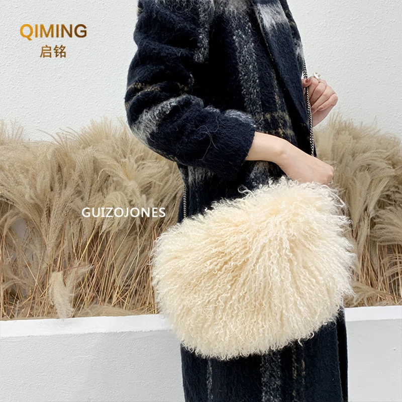 Real Lamb Beach Wool Fur Bag Plush Purses and Handbags Shoulder Bag Money Purse Furry Crossbody Bags For Women Luxury Handbag