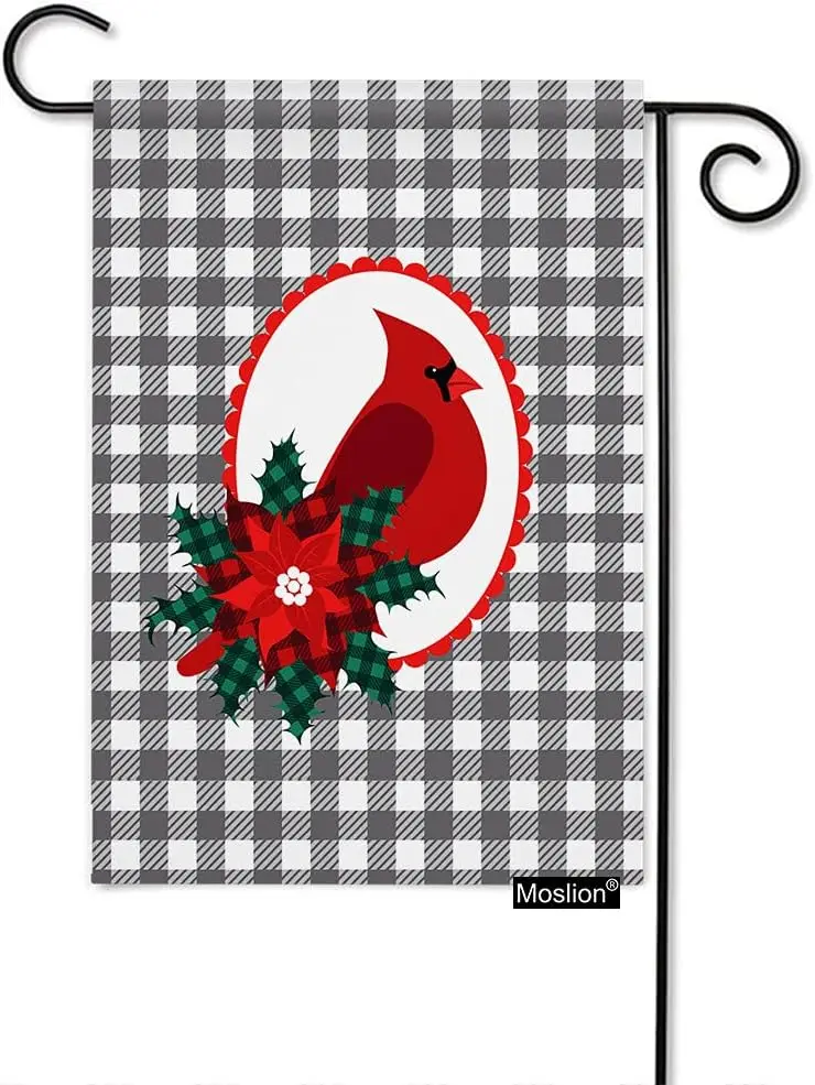 Moslion Red Cardinal Garden Flag 12.5x18 Inch Bird Poinsettia Holly Leaves in Gray White Buffalo Check Yard Flag Burlap Banners