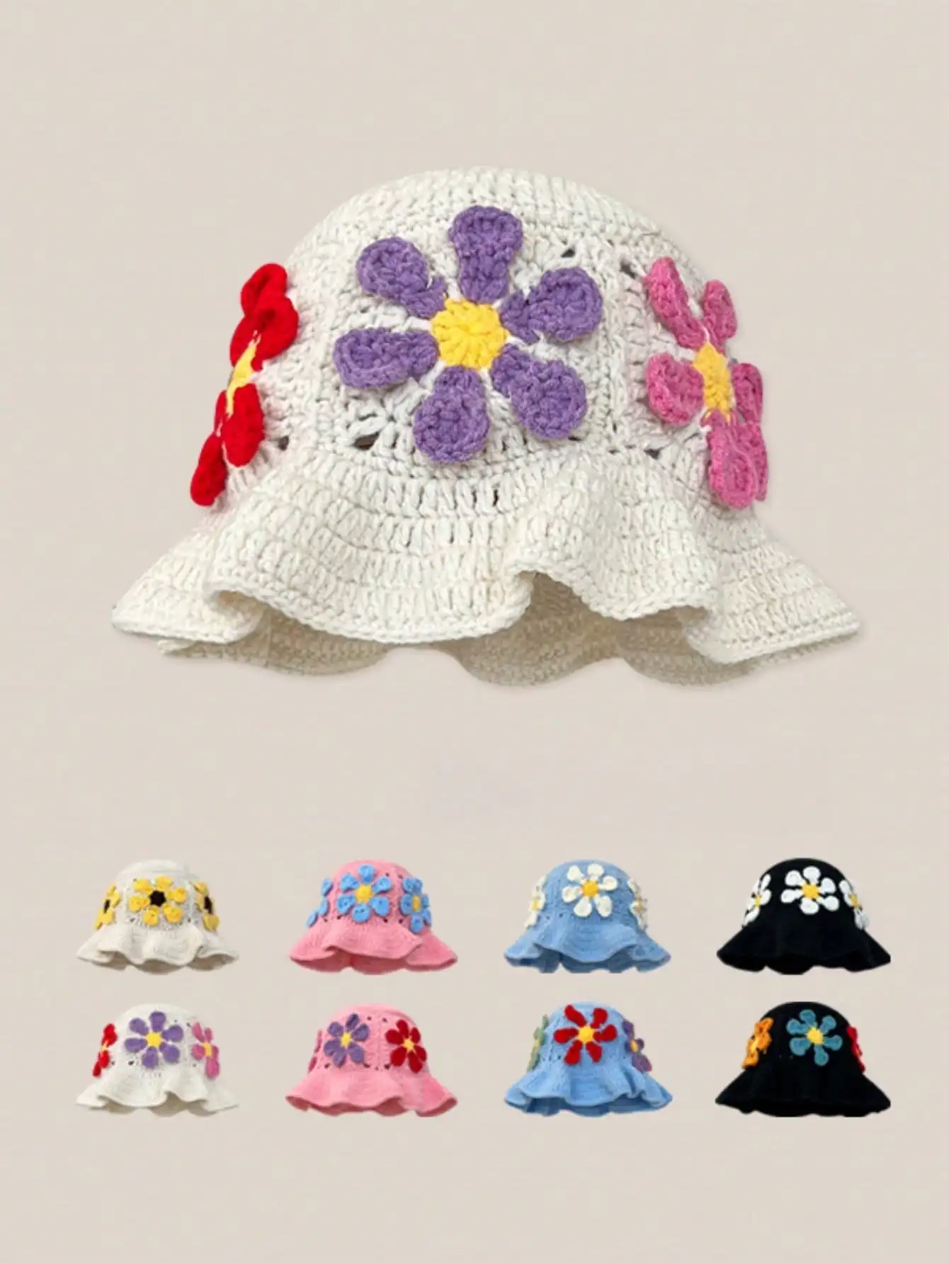 Handmade Crocheted Sunflower Bucket Hat With Ruffled Lace Trim-Women's Colorful Ruffled Foldable Soft Beach Sun Hat Knit Cap