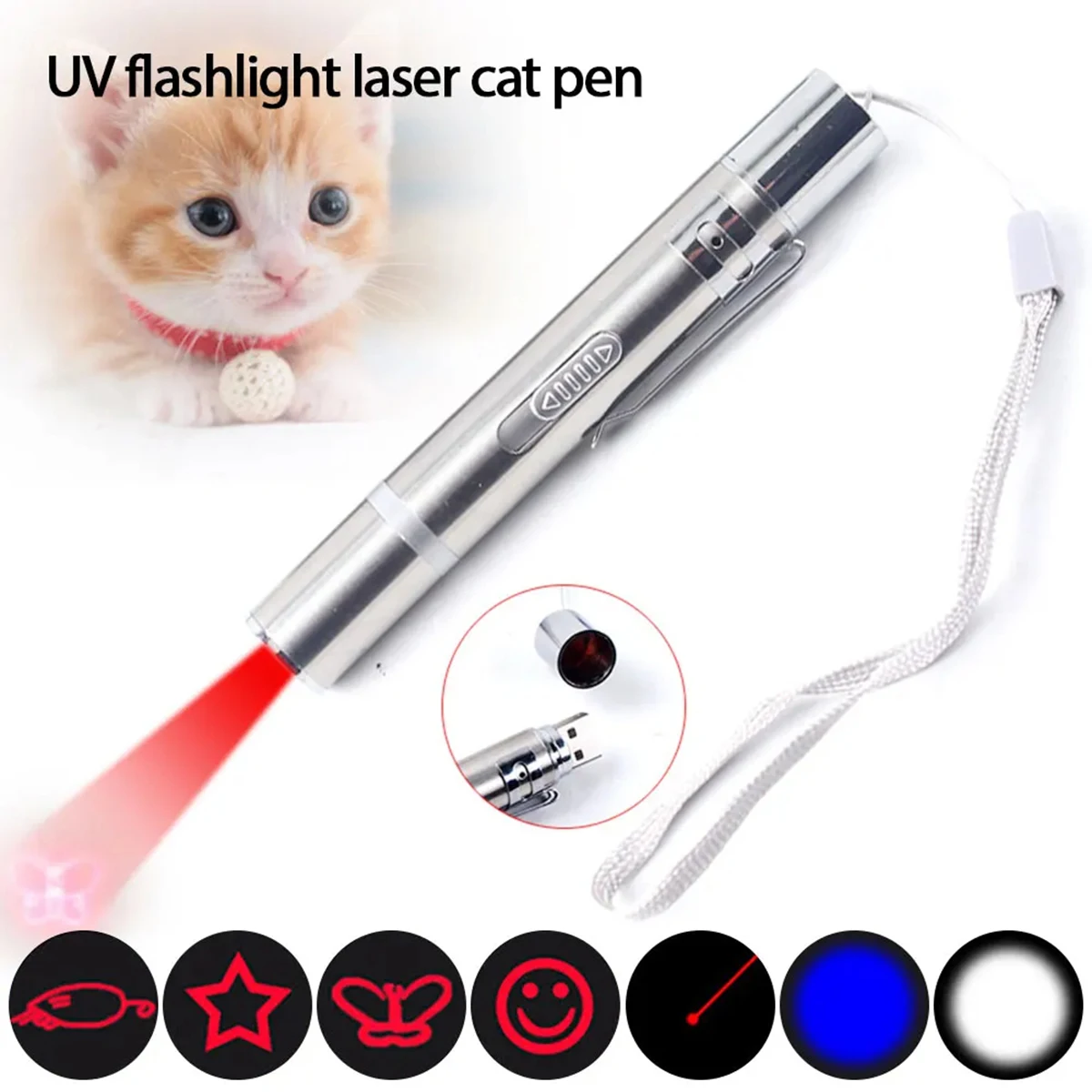 Red LED Light Laser Pointer para cães de interior, Cat Brinquedos, Longo Alcance, 5 Modos, Lazers Playpen de Projeção, Recarga USB