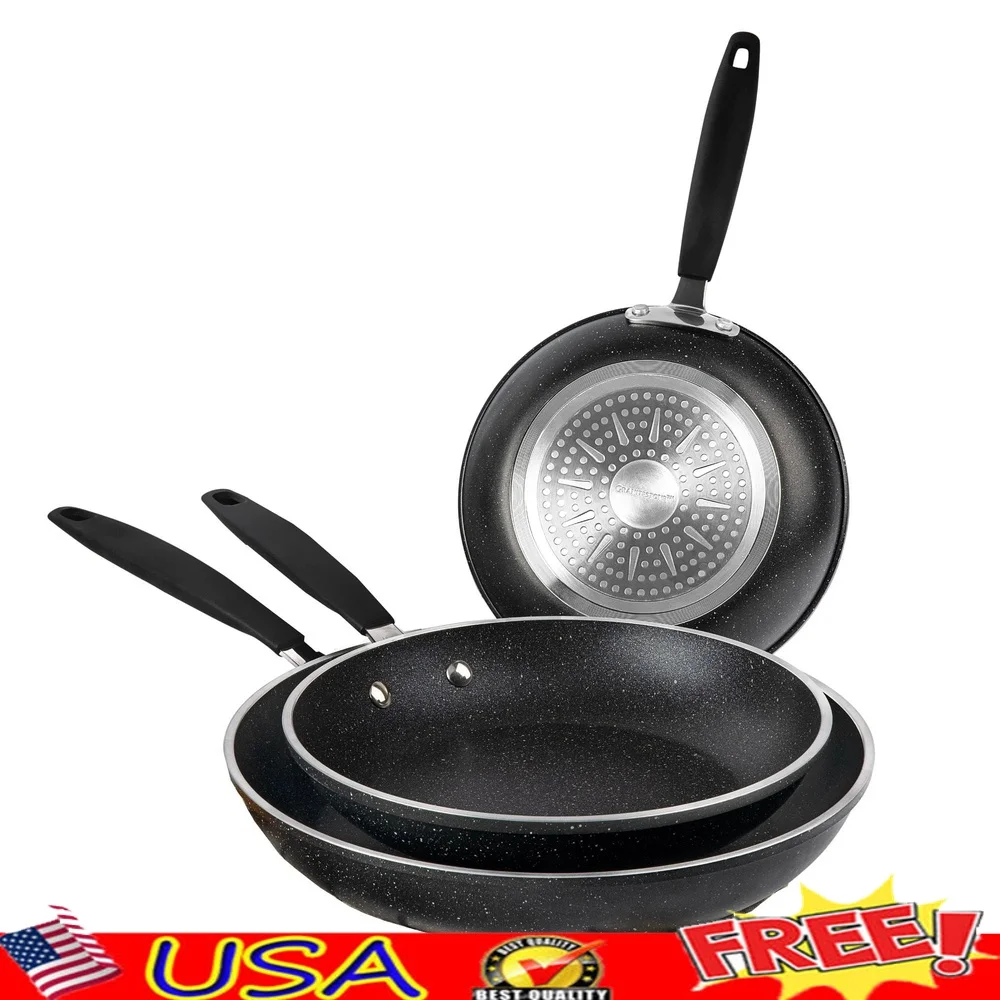 

Nonstick Frying Pan Set 3 Piece Cookware Induction Oven Safe Durable Scratch Resistant Cool Touch Handles Easy Cleanup