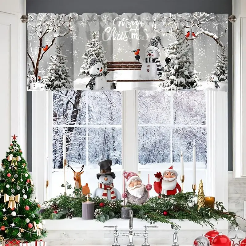 VIKAMA Grey Snowman Bench Cardinal Bird Snowy Pine Holiday Greetings Christmas Short Window Curtain Cute Winter Home Decor Cozy