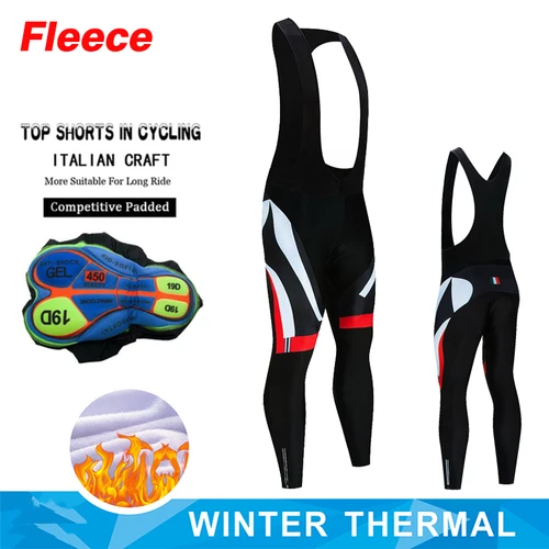 Imagen 2 del producto Pantalones con pechera para ciclismo, mallas térmicas de lana para ciclismo, acolchado de Gel 19D, pantalones largos con pechera para ciclismo para hombre 2024