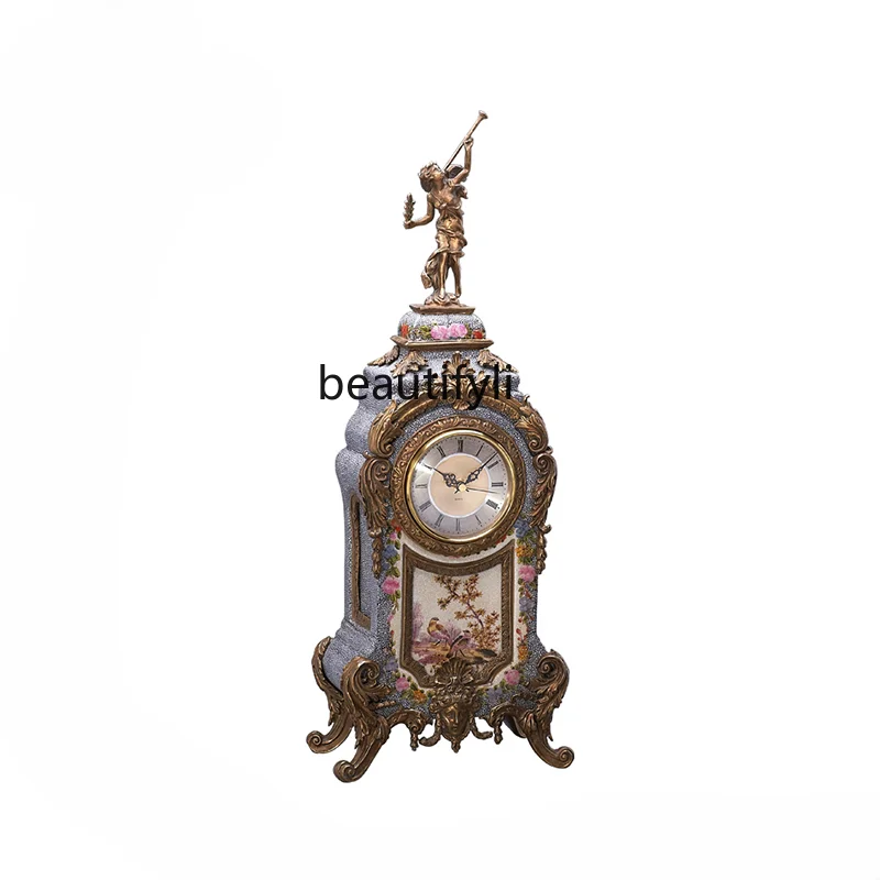 

French Romantic Living Room Fireplace Decorative Clock Hand Painted Flower Ceramic with Copper Angel Clock