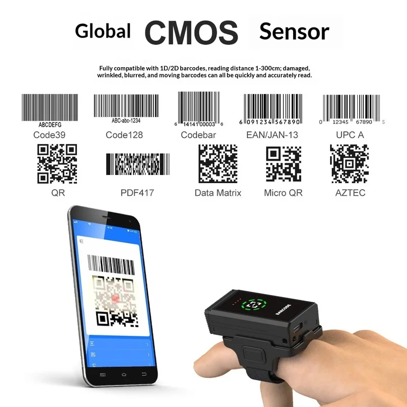Wireless Portable Ring Barcode Scanner, Wearable 1D & 2D Code Reader for Supermarket, Warehouse, Logistics & Express Delivery