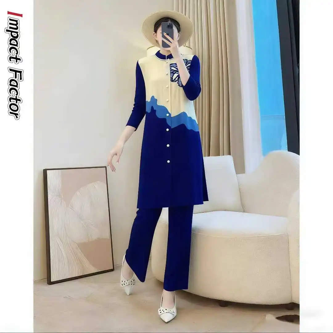 Miyake Pleated Loose Stand-up Collar Suit Fashion Temperament Elegant and Thin Cardigan Top Wide-leg Pants Two-piece Set