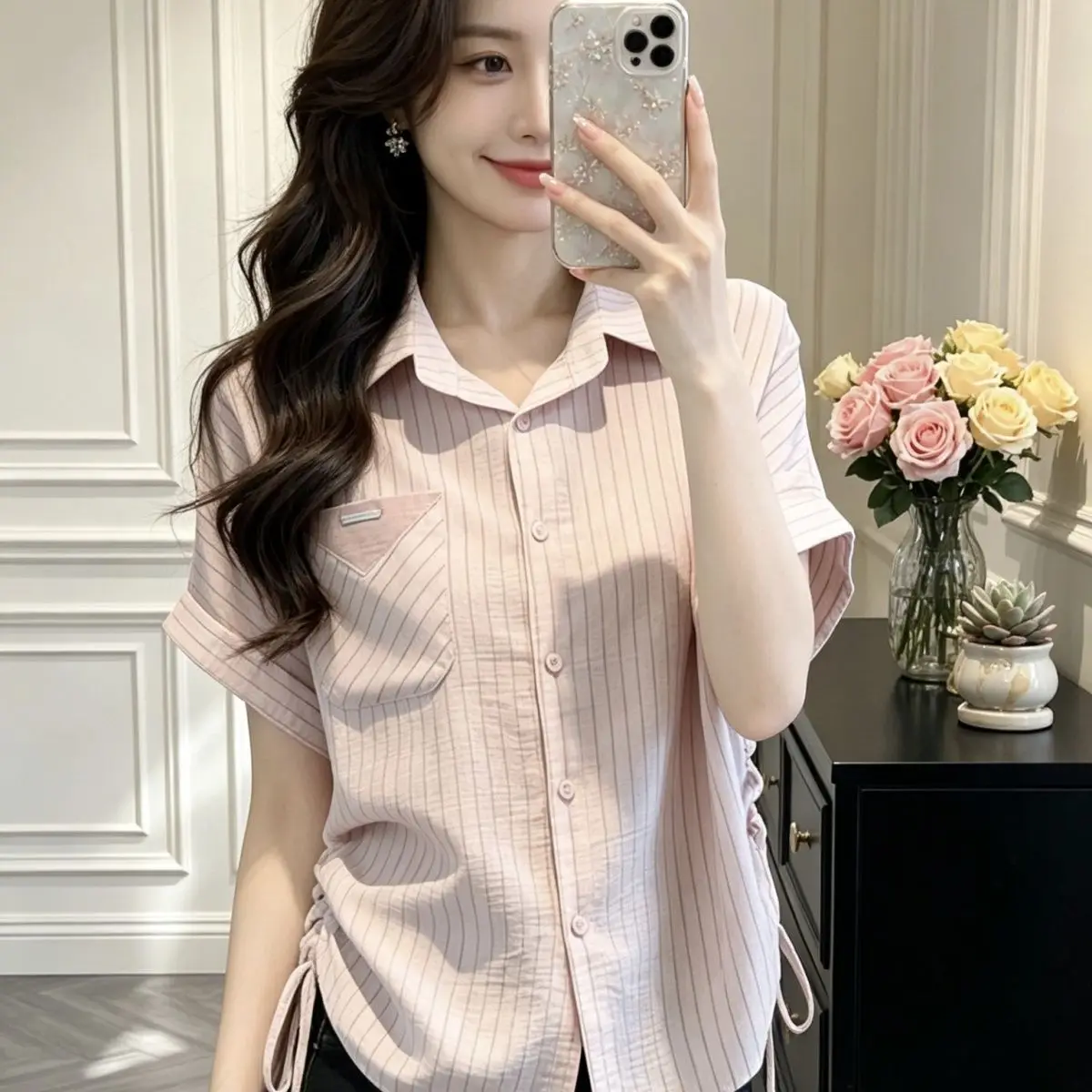 Summer plus Size Women's Shirt Drawstring  Neck Striped Loose Slimming Casual Fashion Korean Style Big Code Blouse