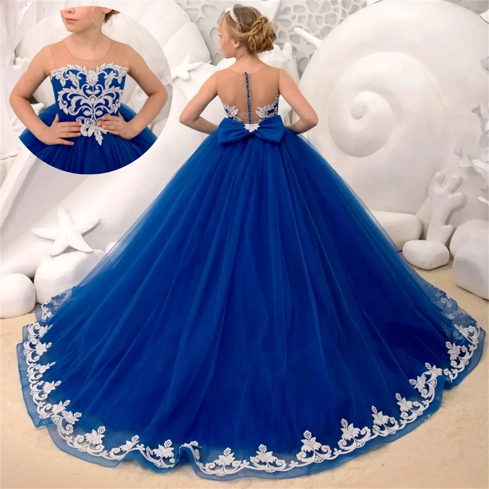 

Elegant Blue Tulle Flower Girl Dress Quality Lace Appliques Royal With Bow Sleeveless For Wedding Birthday Party Princess Gowns