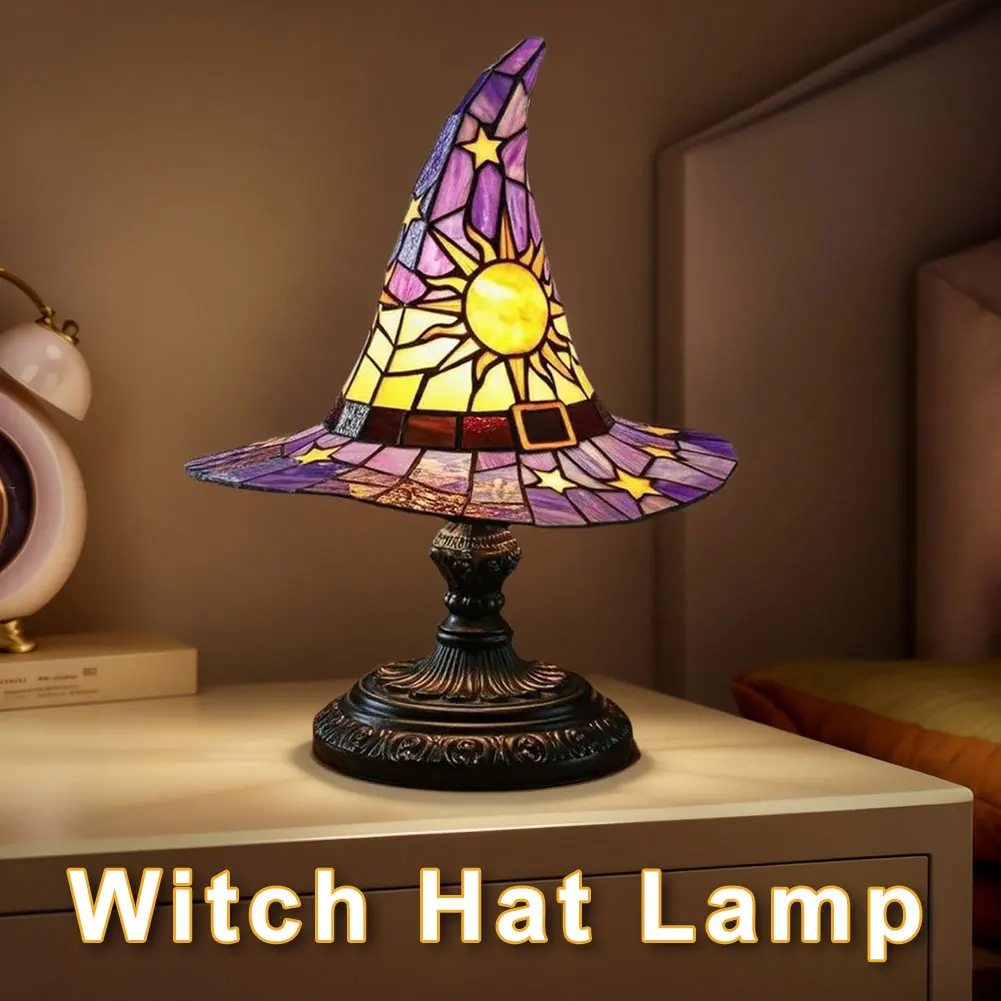 Kolorowa Lampa Stołowa LED w Kształcie Kapelusza Wiedźmy z Witrażem, Ręcznie Robiona Lampa Nocna USB, Kreatywna Lampka Nocna do Dekoracji Domu i Sypialni