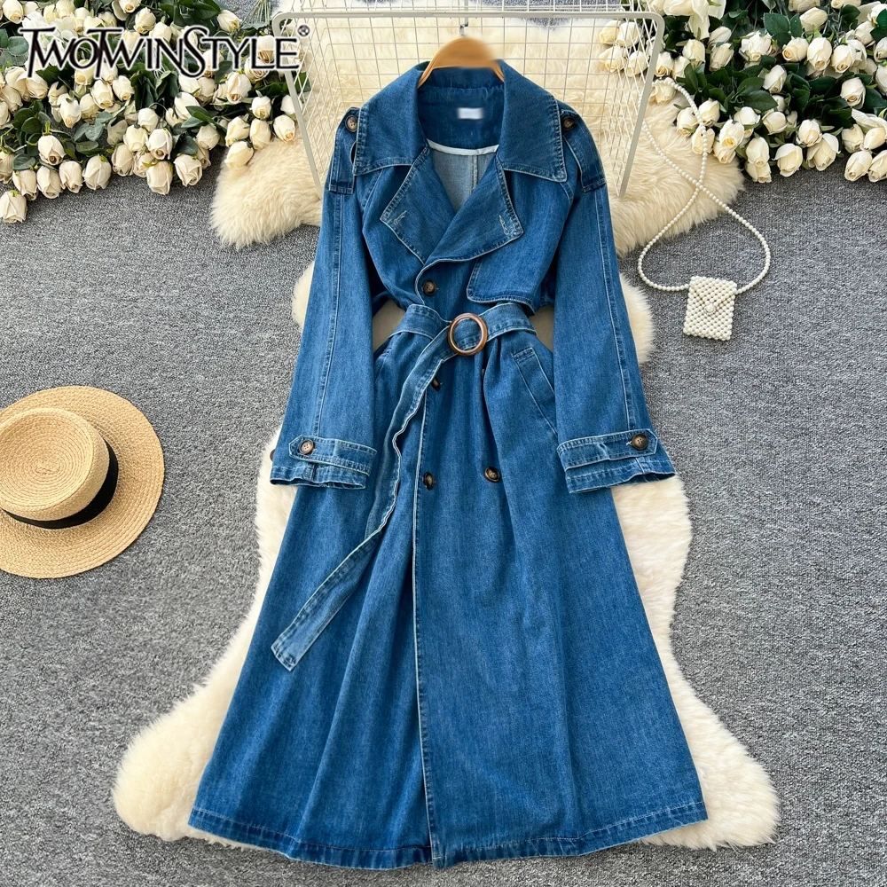

TWOTWINSTYLE Design Sense Solid Denim Dresses For Women Lapel Long Sleeve High Waist Casual Commute Dress Female New KDR553438