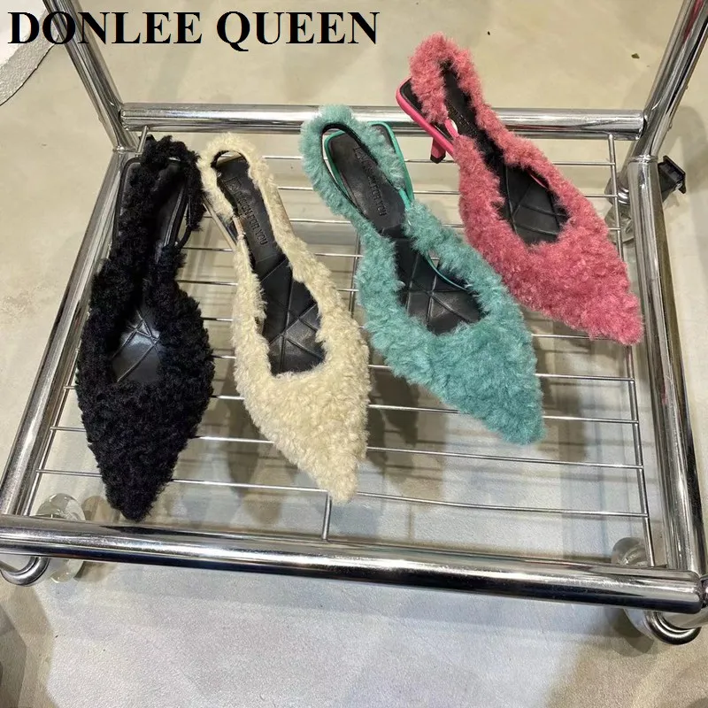 Pointed Toe Slingback Sandals Women High Heels Shoes Shallow Slip On Fur Design 2024 New Spring Ladies Pumps Party Wedding Mujer