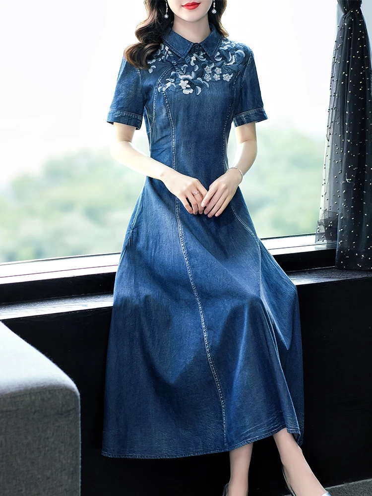 

TIYIHAILEY Free Shipping 2022 New Women Long Mid-Calf Short Sleeve Denim Summer Dresses M-3XL Chinese Style Embroidery Cheongsam