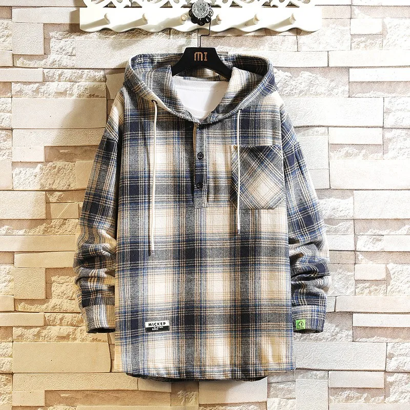 2023 Autumn New Hong Kong Style Pullover Hooded Plaid Coat Loose Oversized Shirt for Boys