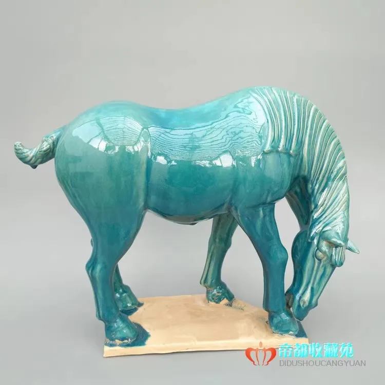 Tang Dynasty-style painted green glazed ceramic horse figurine,Drink water, home decor, classical Chinese handicraft