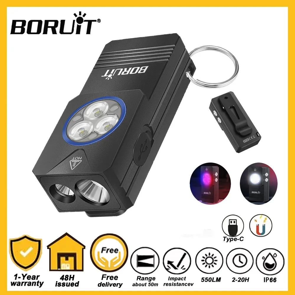 BORUiT EV30 LED Keychain Flashlight 550LM UV Light Rechargeable Work Light Torch with Magnet Waterproof Camping Pocket Lantern