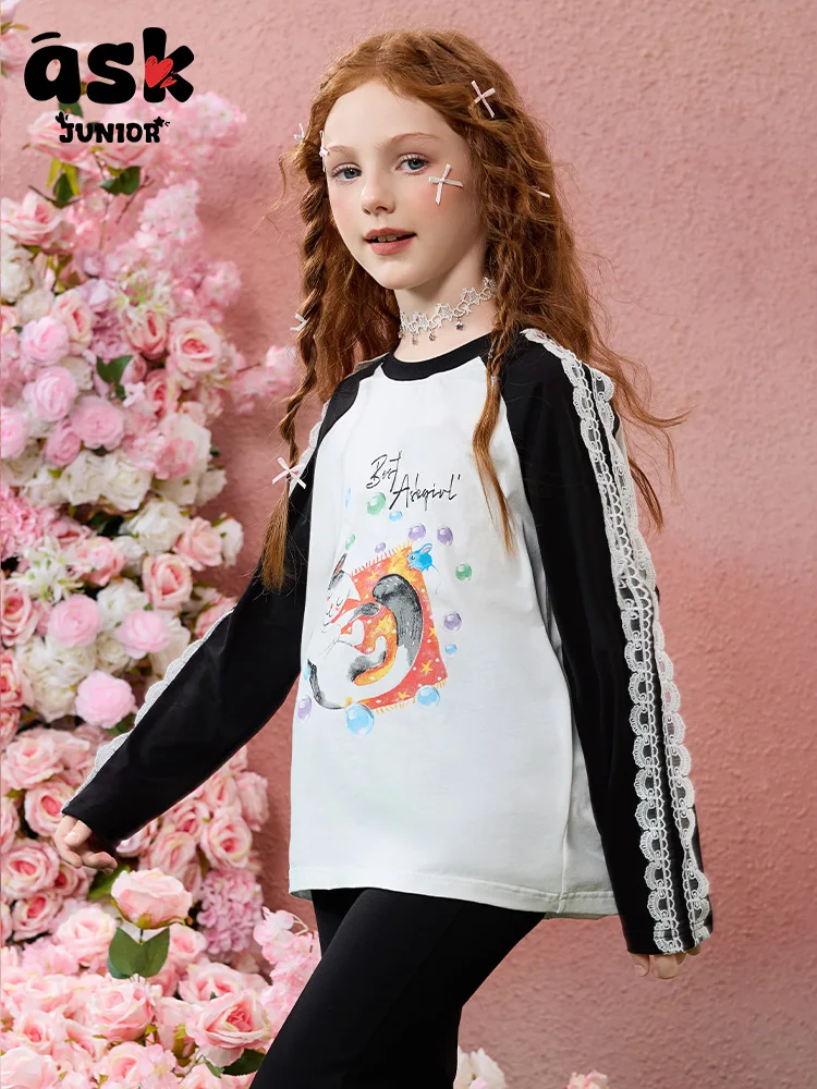 تي شيرت Ask Junior بأكمام طويلة للفتيات، قميص سفلي مضاد للبكتيريا بألوان متباينة وأكمام خشنة #3