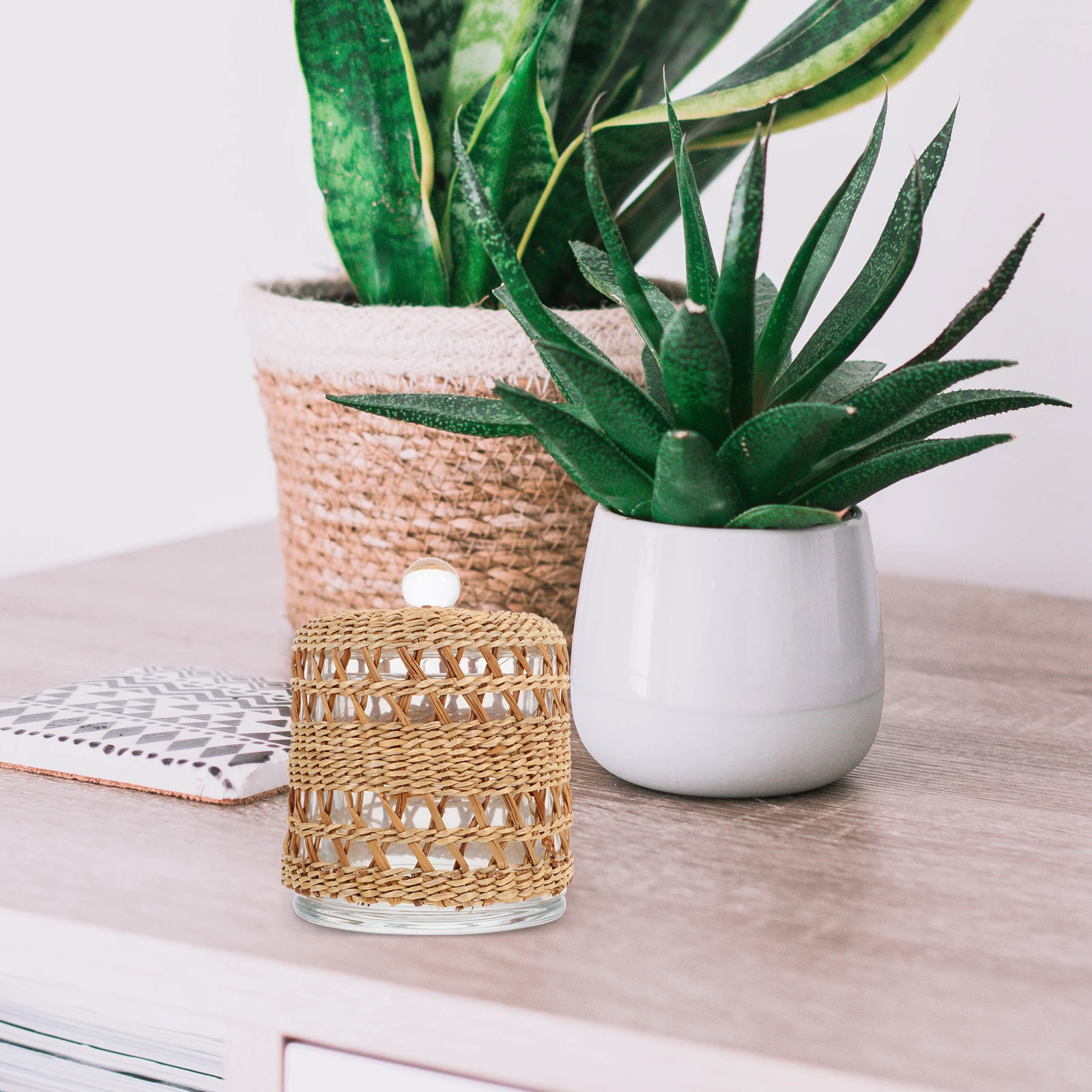 

Windproof Cover Glass Cloche Rattan Wrapped Transparent Dome Home Decor Glass Holder Shade Reusable Desktop Shades