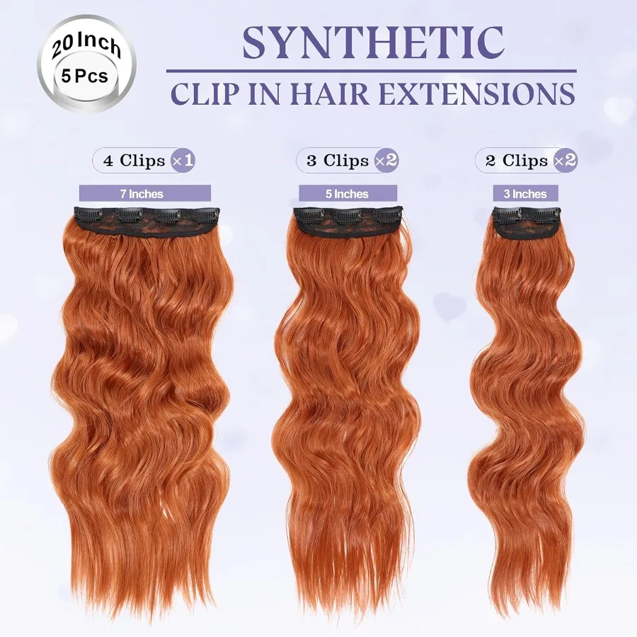 الاصطناعية وصلات شعر كليبين للنساء 20 بوصة 5 قطعة طويلة متموجة مجعد الزنجبيل البرتقالي وصلات شعر كليبين كامل رئيس الاصطناعية